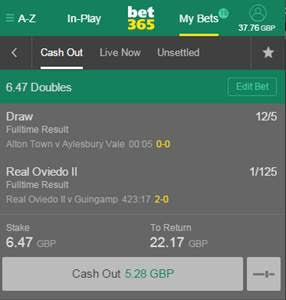 bet365 Edit Bet - Cash Out Facility