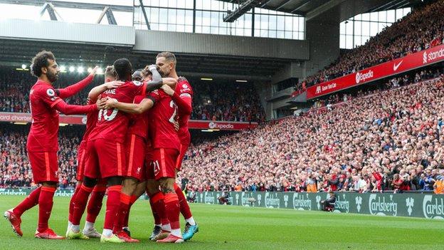 Liverpool celebrate after scoring in their 2-0 win over Burnley